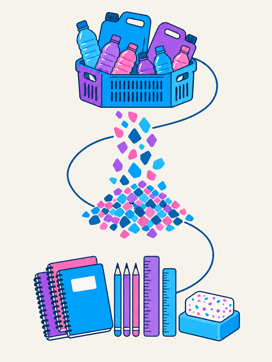 Illustration : le cycle de valorisation, des bouteilles plastiques collectées aux paillettes de matière, puis aux cahiers, crayons et savons redistribués